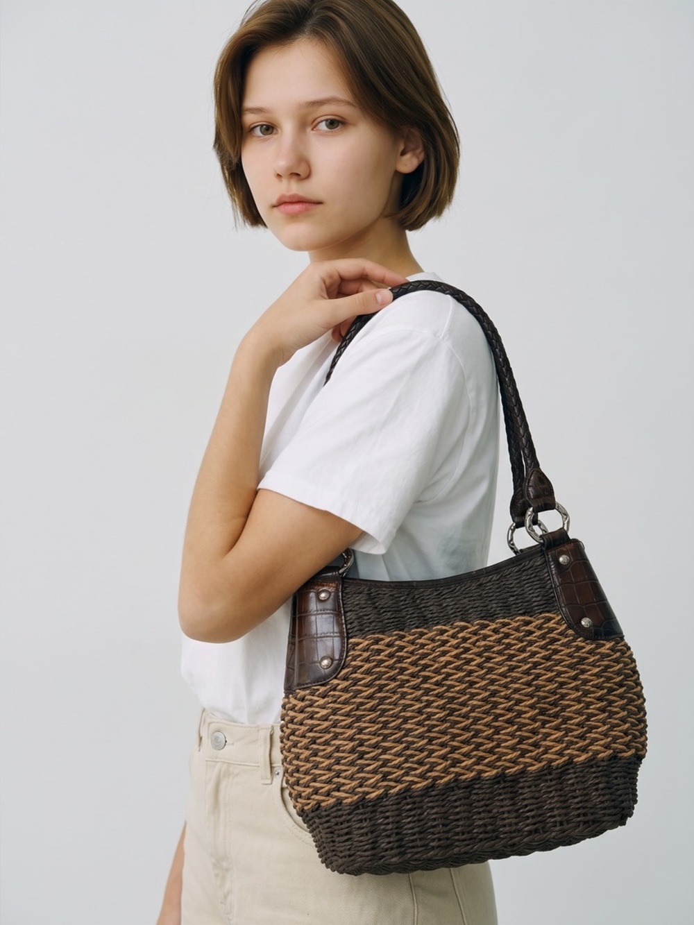 Brighton Woven Straw Shoulder Bag Black Brown Croc Trim Heart Charm